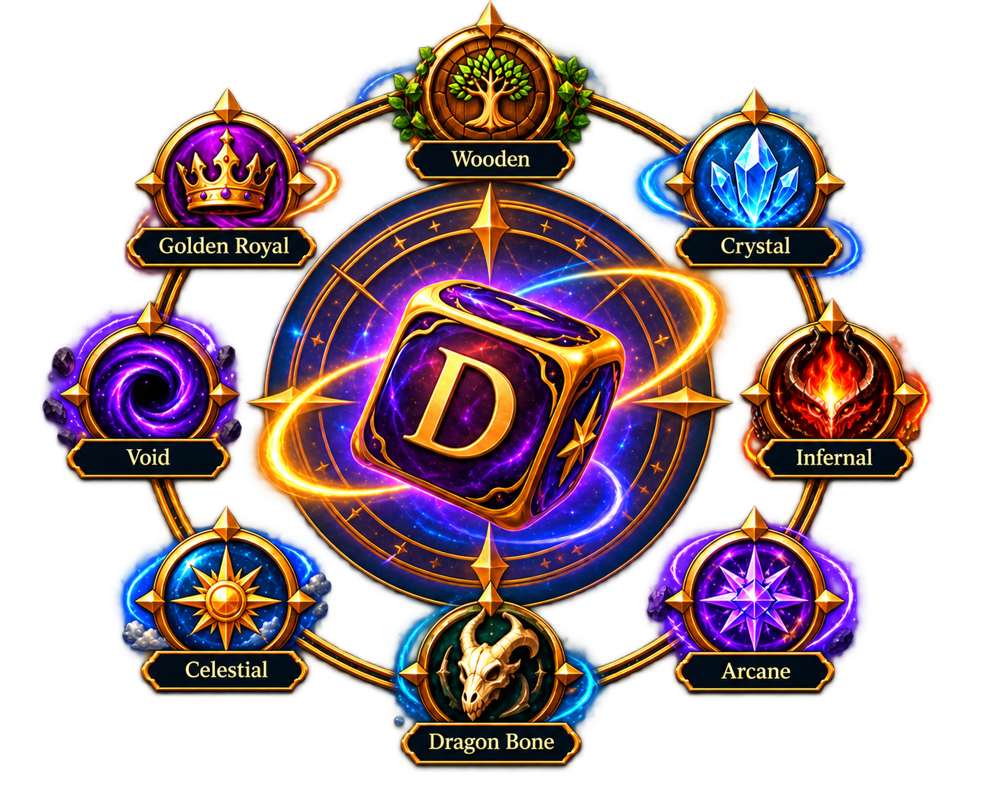 The eight original Bound Dice families surrounding the Dicebound emblem