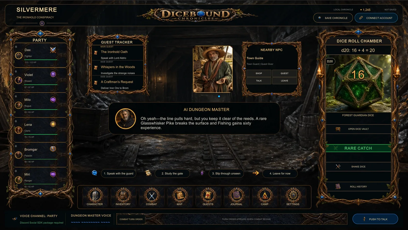Dicebound Chronicles Unity interface in Silvermere showing the party, quest tracker, nearby NPC, AI Dungeon Master, and Forest Guardian die