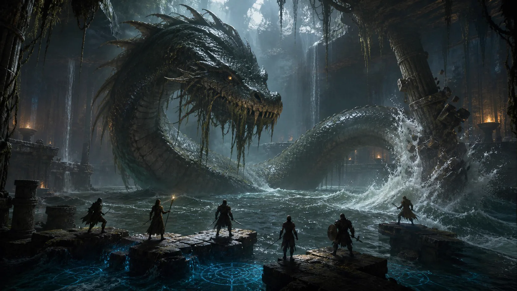 The Mire Leviathan rising from a flooded ruin