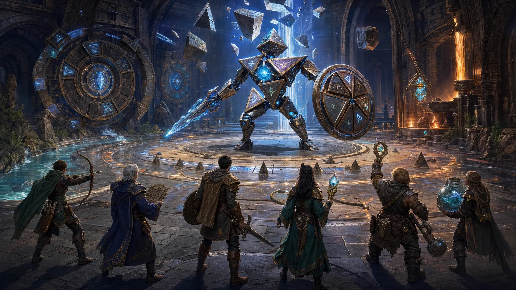 The Shattered Warden facing a party inside a runic chamber