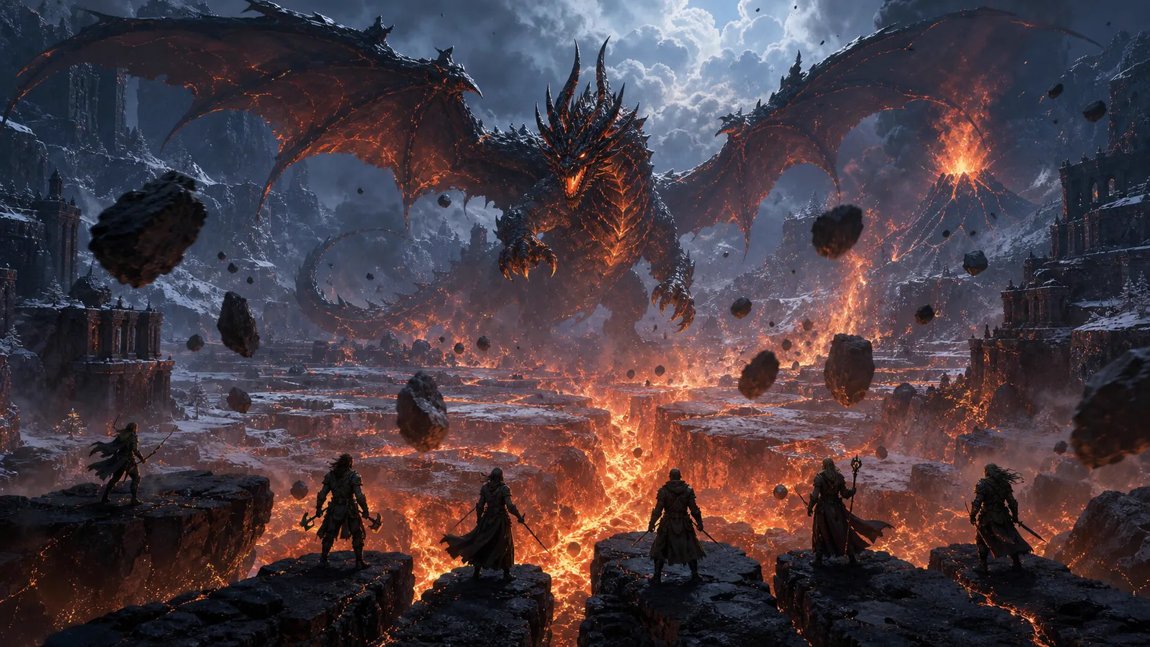 Vharax, a colossal volcanic dragon, confronting an adventuring party