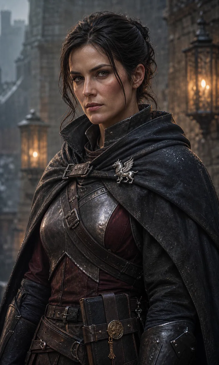 Portrait of Captain Elira Voss in dark armor