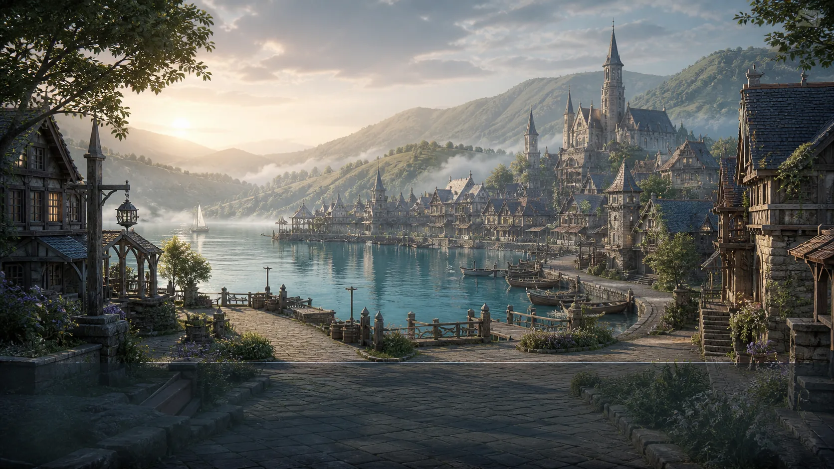 Silvermere lakeside town at sunrise