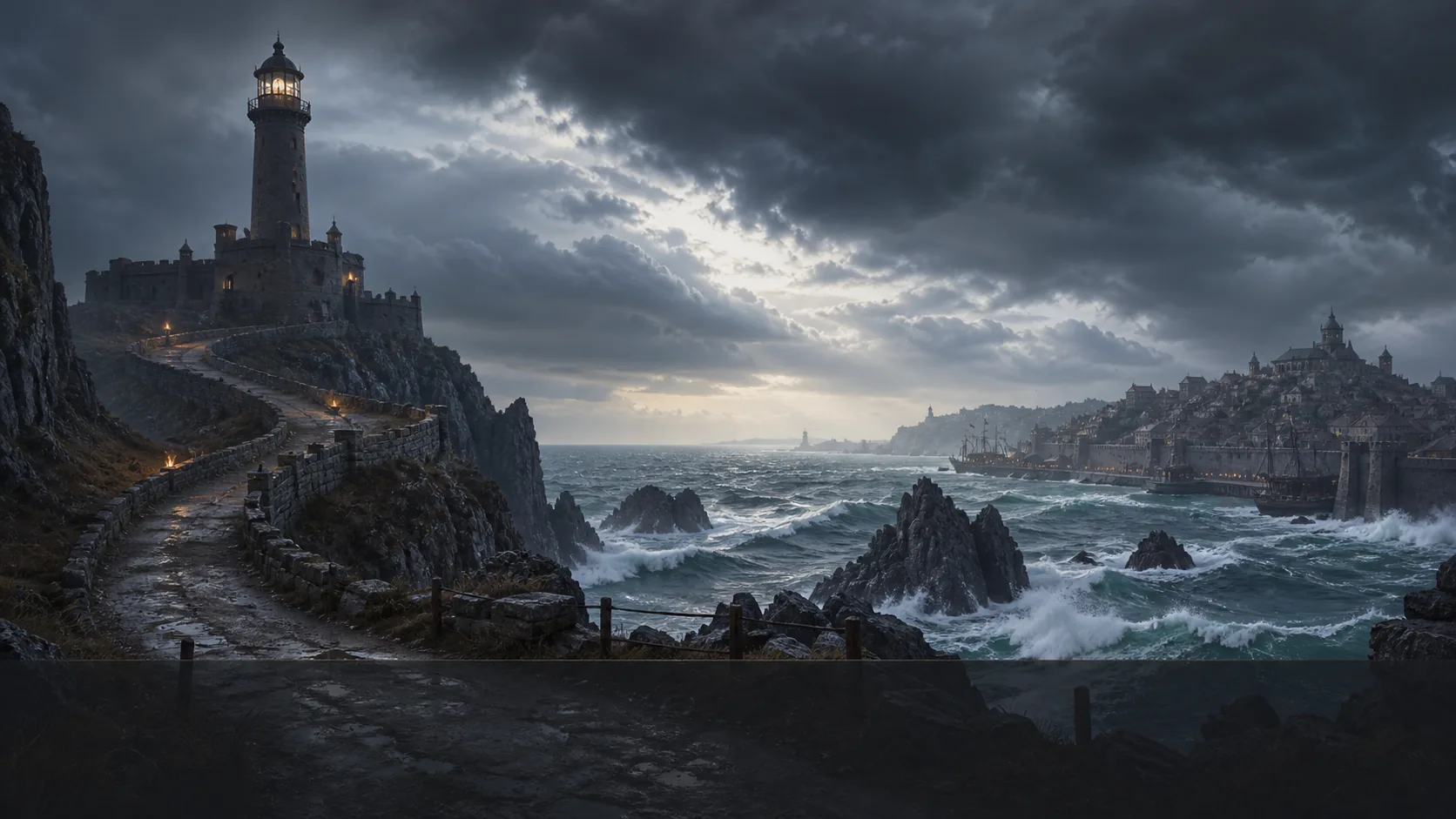 Stormcoast lighthouse and harbor beneath gathering clouds