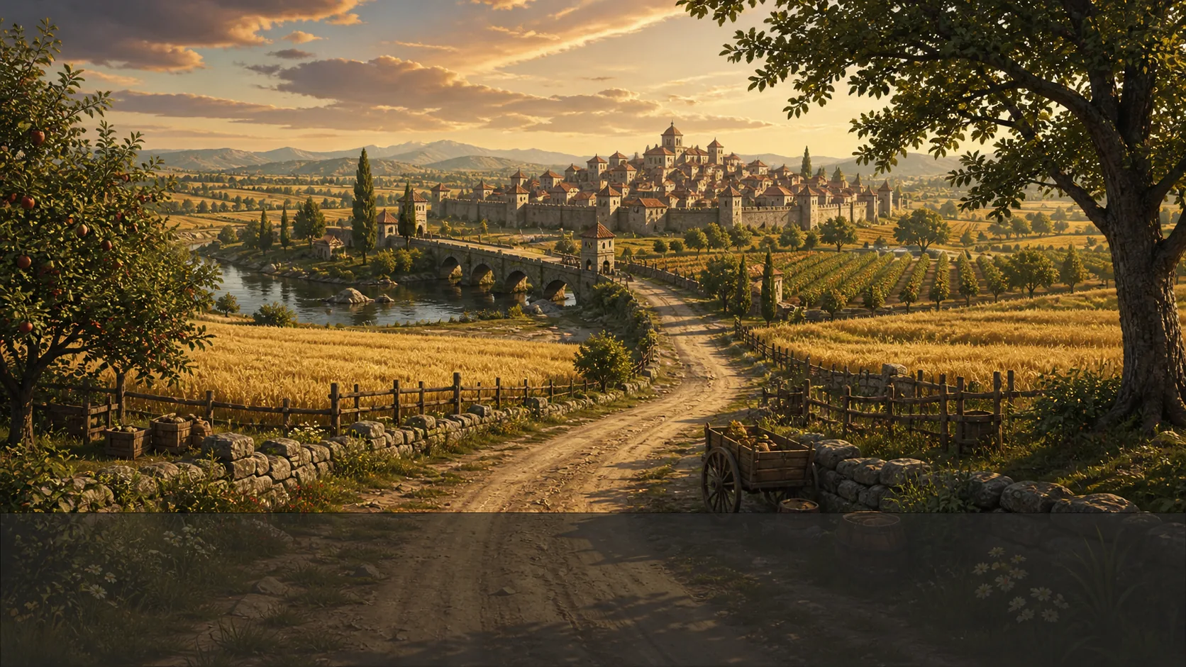 The Sunfields and a walled town at golden hour