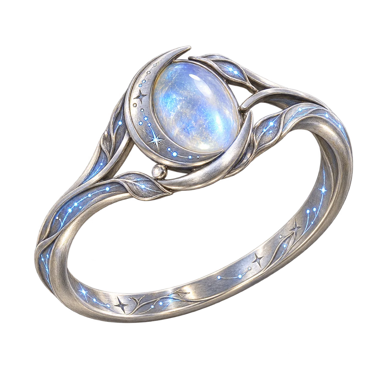 Silver Moonwell Ring with a glowing blue gemstone