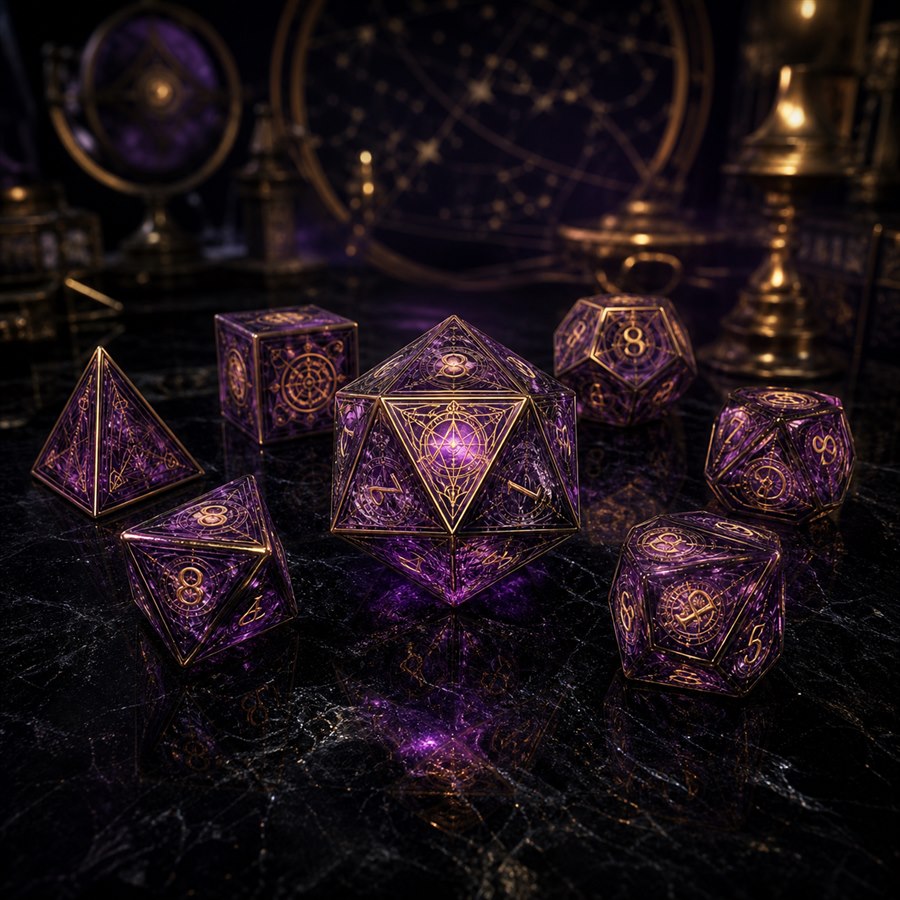 A violet arcane polyhedral dice set with golden sigils