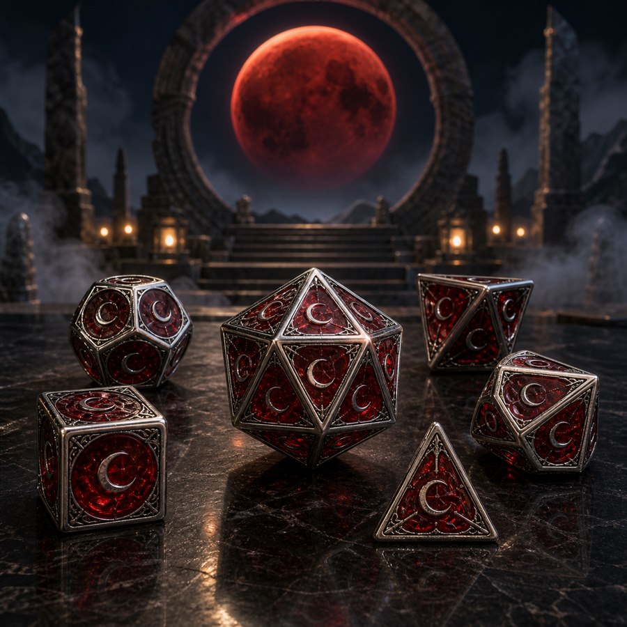 A crimson glass polyhedral dice set beneath a blood moon