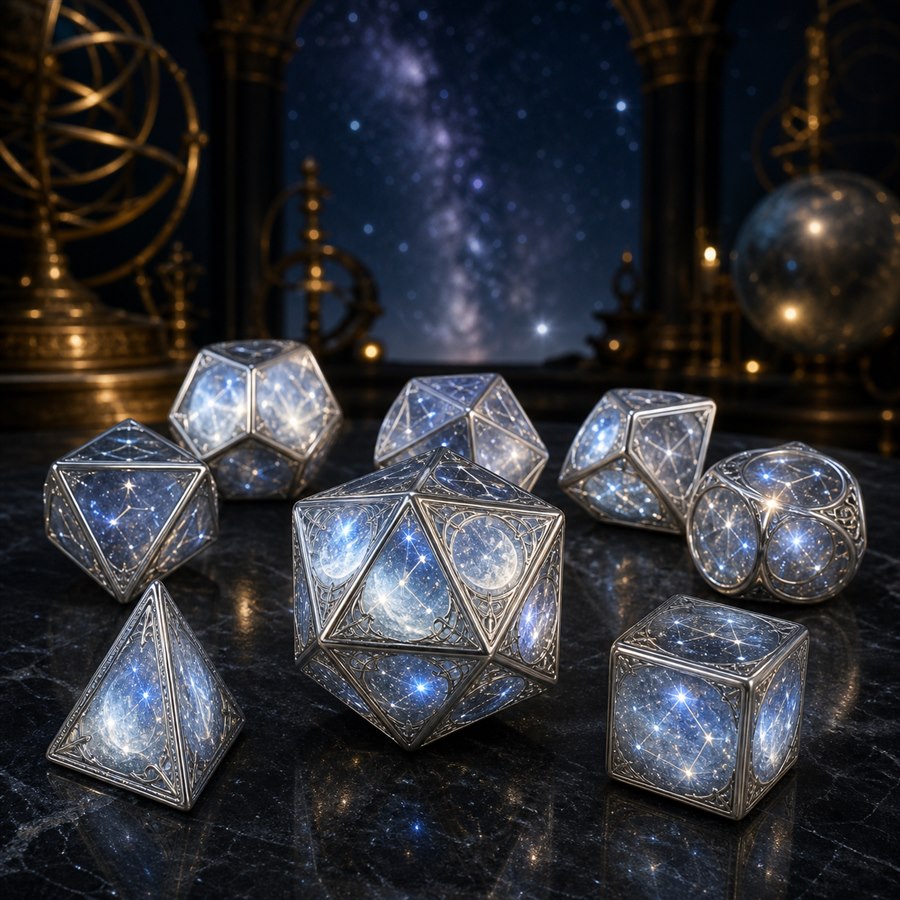 A silver and starlight celestial polyhedral dice set