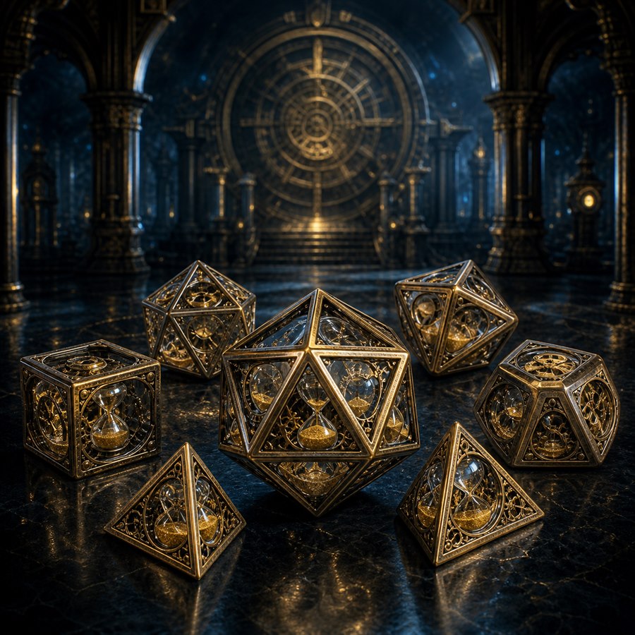 A brass clockwork polyhedral dice set filled with hourglasses