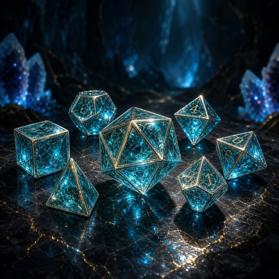 An aquamarine crystal polyhedral dice set