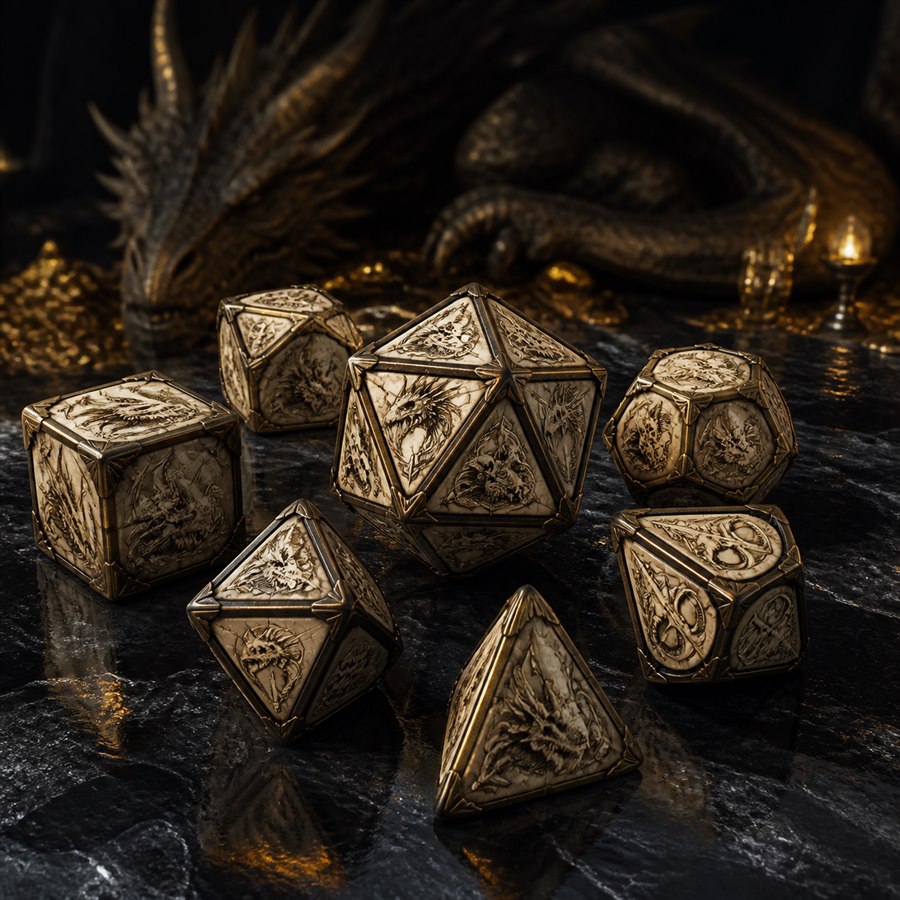 An engraved dragon bone polyhedral dice set