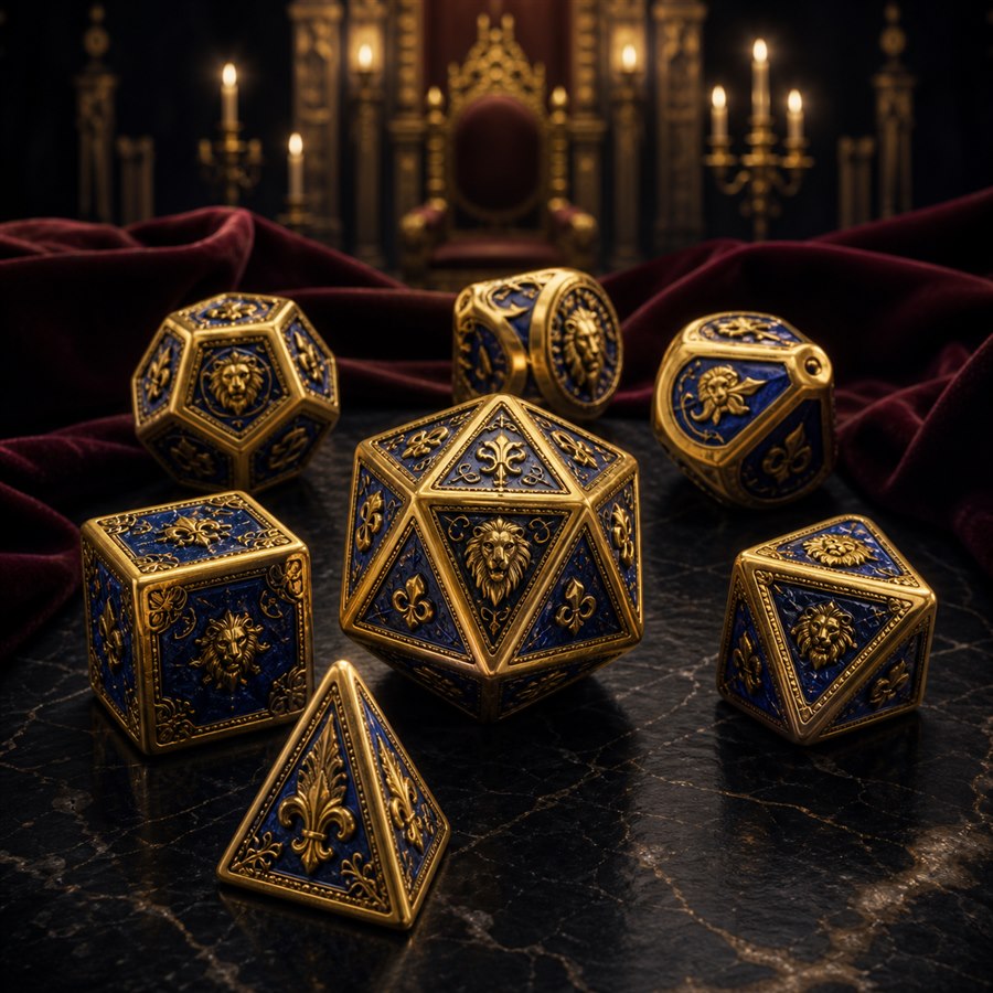 A gold and royal blue polyhedral dice set