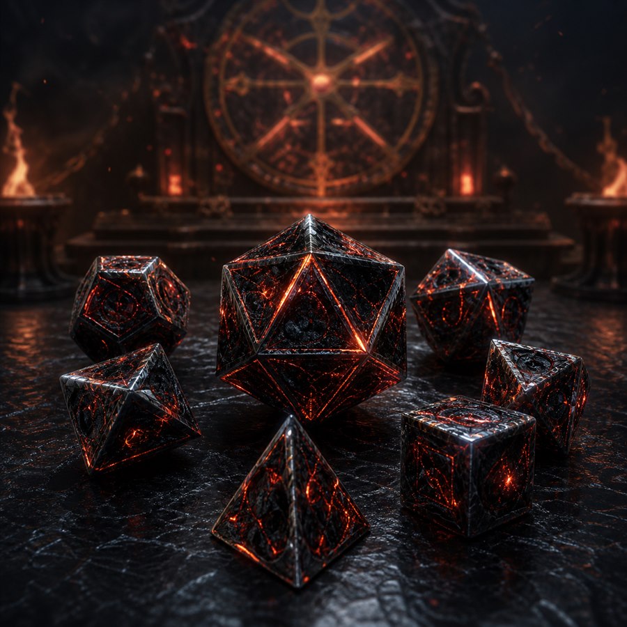 A black obsidian polyhedral dice set glowing with embers