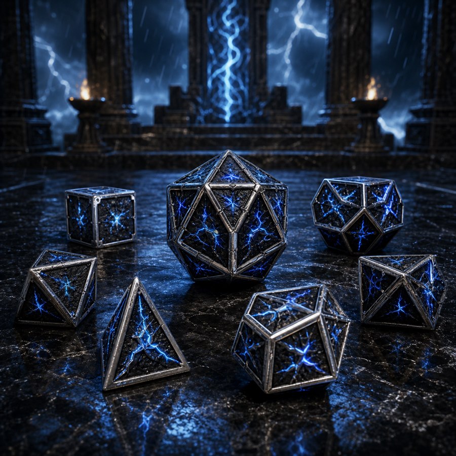 A stormforged steel polyhedral dice set charged with blue lightning