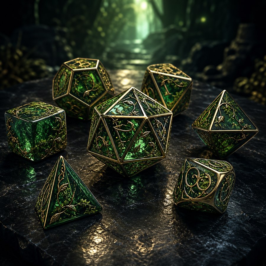 An emerald and living vine polyhedral dice set