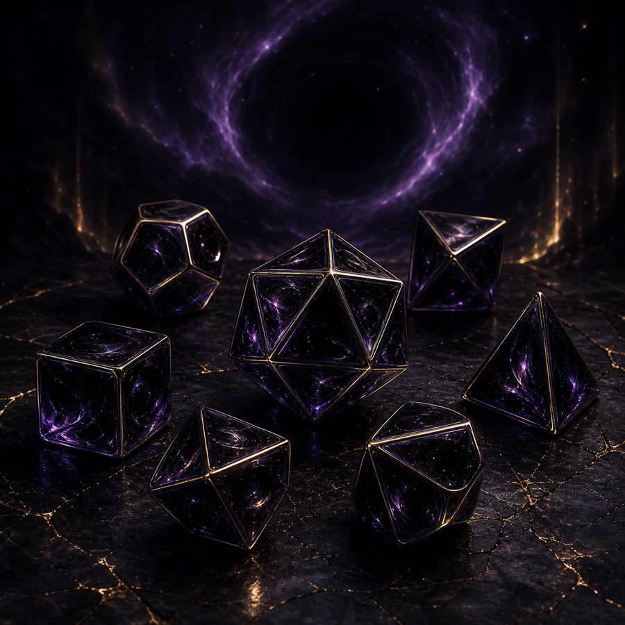 A black glass void polyhedral dice set beneath a cosmic rift