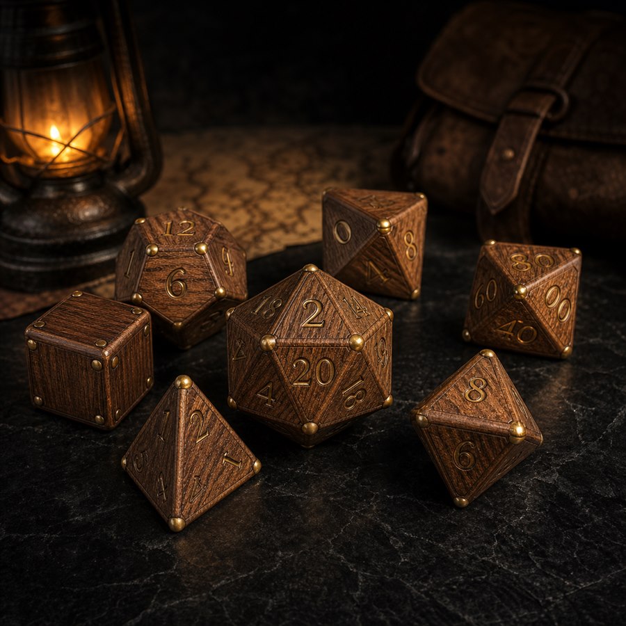 A hand-carved wooden polyhedral dice set