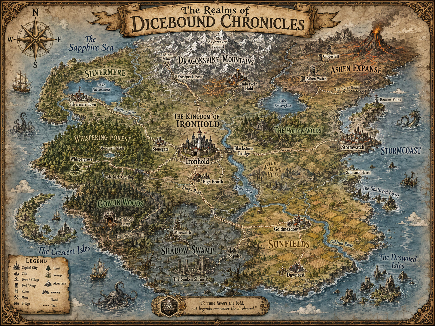 Painted map of six regions in the Dicebound Universe